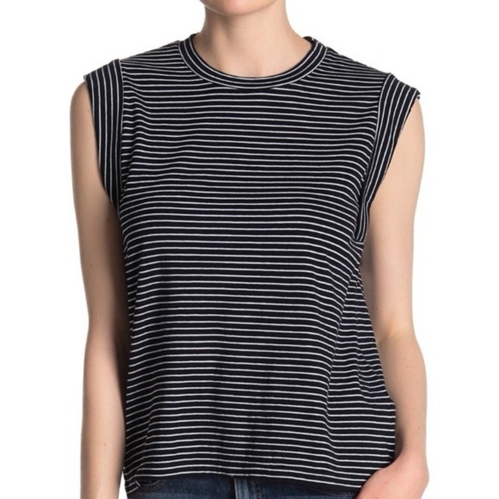 Vince Women’s Navy Blue & White Rolled Sleeve Relaxed Tank Top Size Small